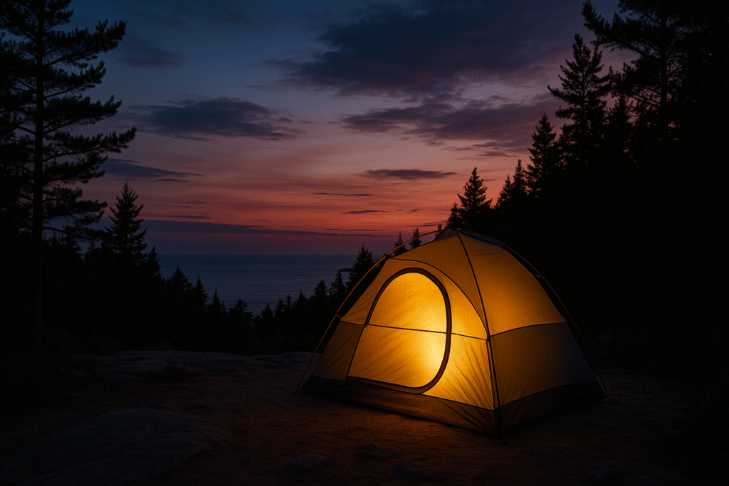 Image shows a lit tent with a dusk sky in the Acadia National Park Travel Guide blog post